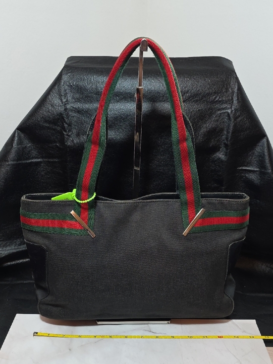 Gucci Handbags - Gucci Black Denim Tote with Red and Green Web Accent